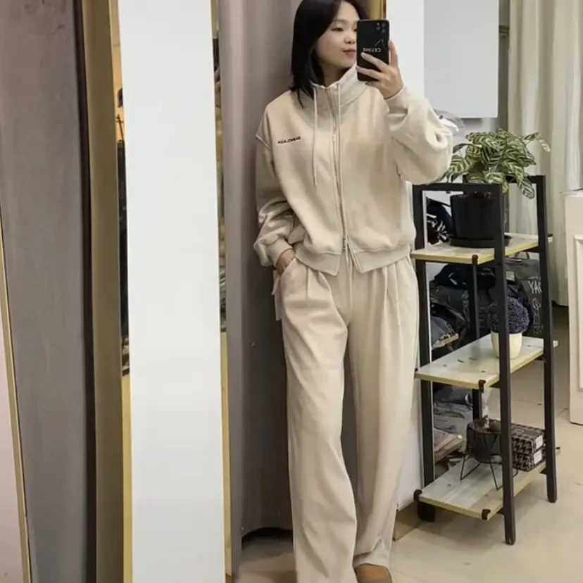 冬季加绒气质休闲宽松连帽百搭裤子卫衣套装小个子懒人时髦