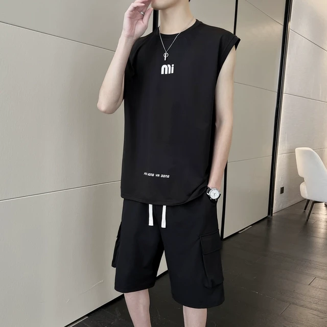 夏季背心短袖短裤男士冰丝速干篮球服无袖套装学生休闲跑步运动服