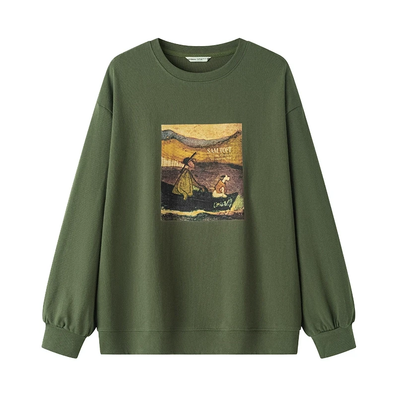 中和休闲宽松圆领长袖T恤女士2025春季新款印花套头上衣百搭纯棉