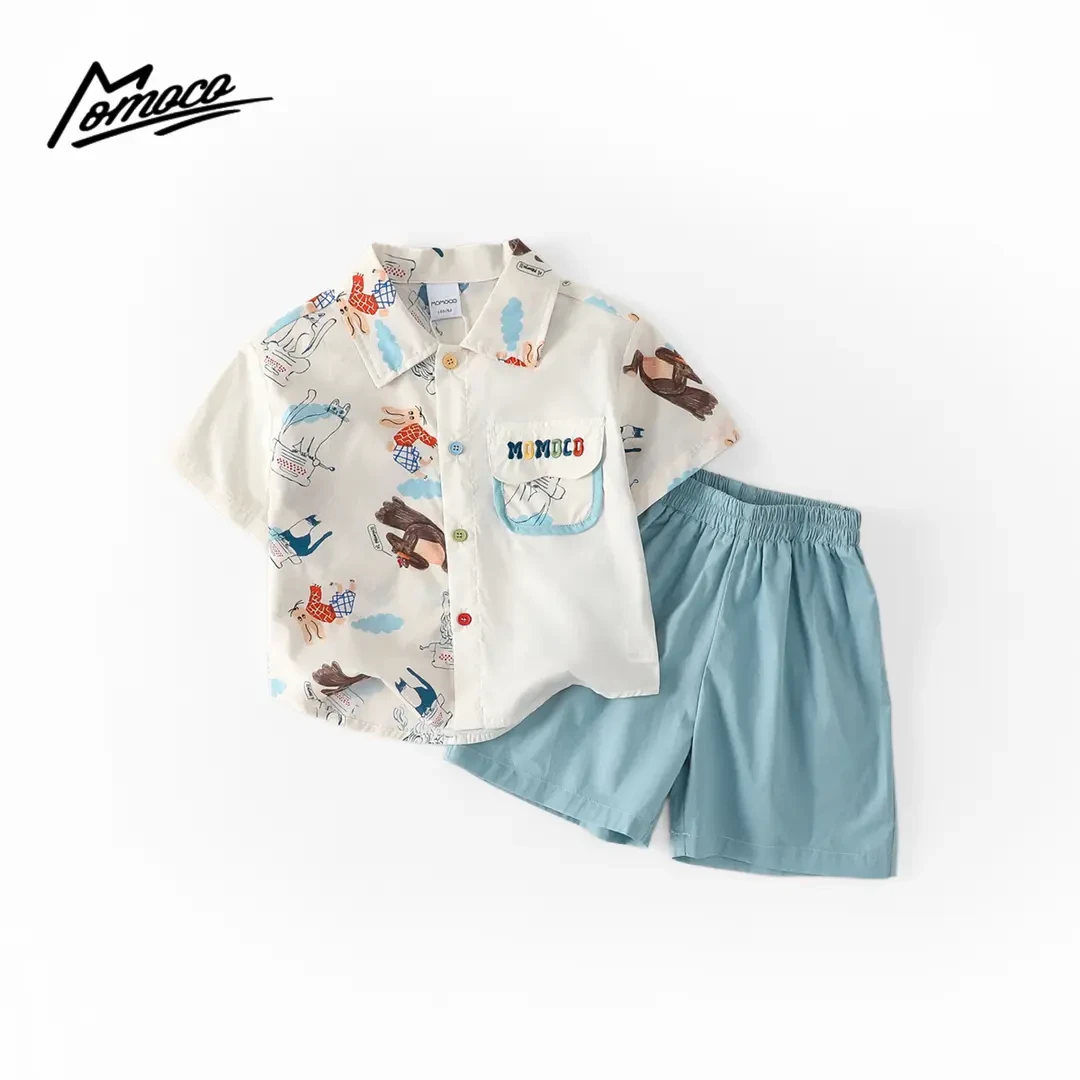 MOMOCO夏季男童新款可爱动物印花短袖衬衫套装两件套77230578034