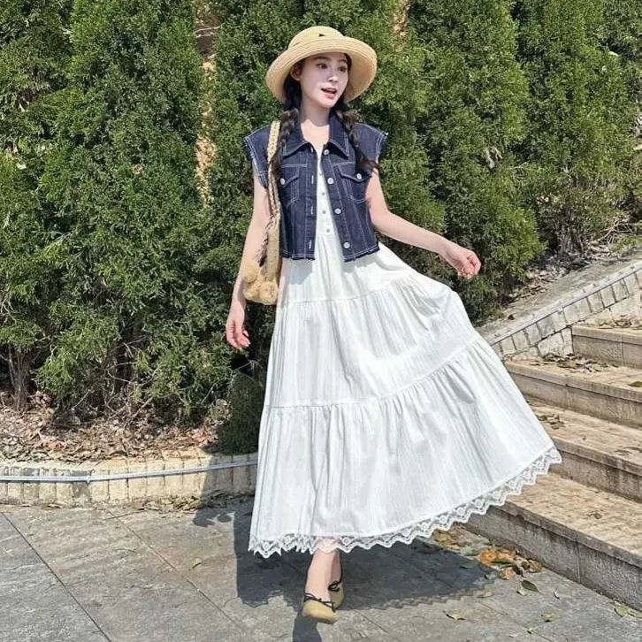 法式文艺气质淑女风拼接蕾丝吊带裙牛仔马甲连衣裙套装中长款裙子