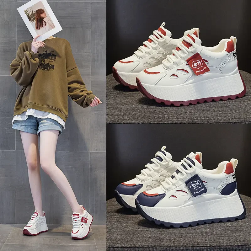 万达撤柜头层牛皮厚底7cm老爹鞋女小白单鞋轻便2025春季内增高女i