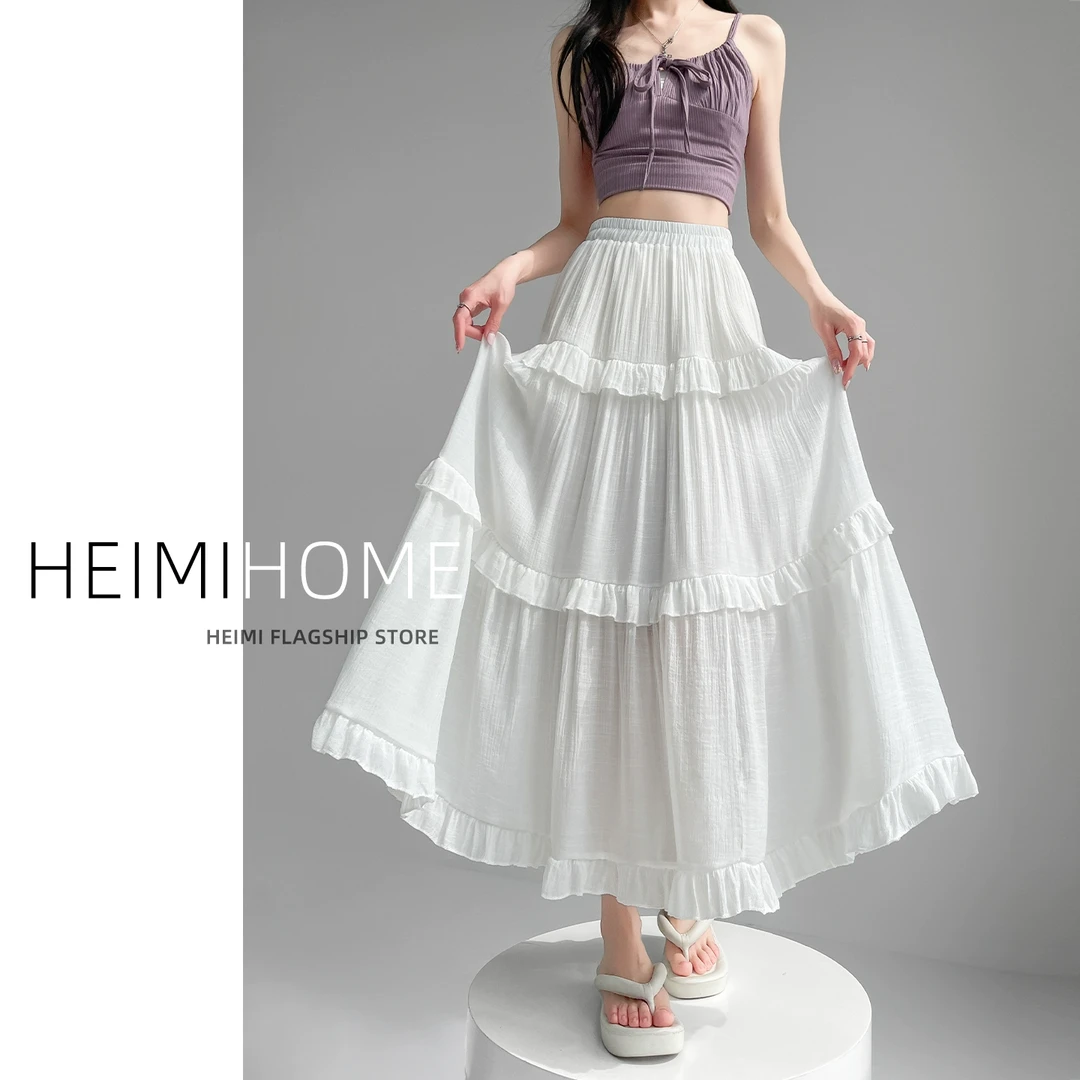 温柔风白色荷叶边蛋糕裙女夏薄款松紧高腰大摆裙小个子a字半身裙