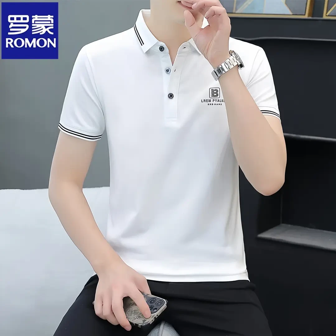 Romon/罗蒙夏季新款冰丝男士POLO衫短袖潮流修身T恤翻领百搭半袖