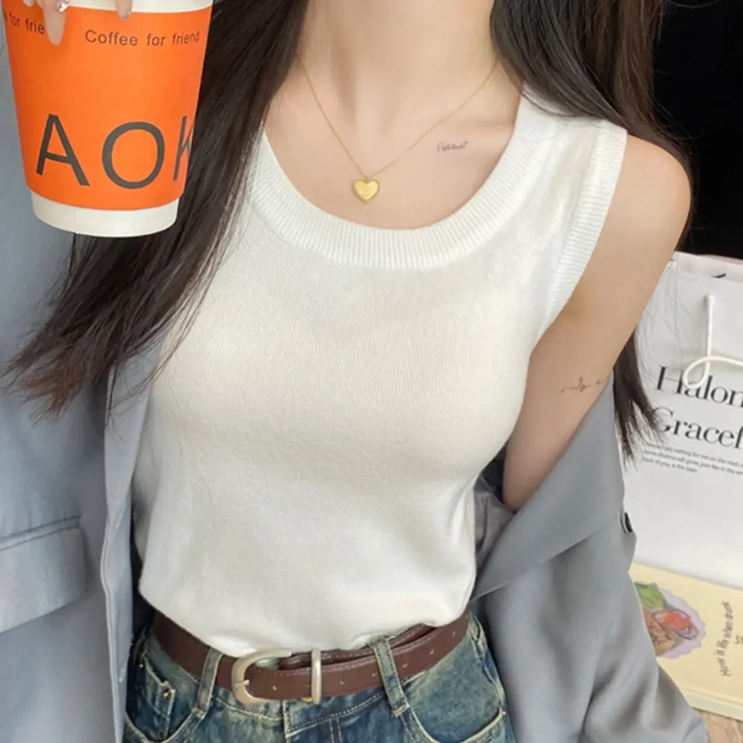 白色针织吊带背心女修身显瘦简约秋季无袖工字西装内搭打底上衣