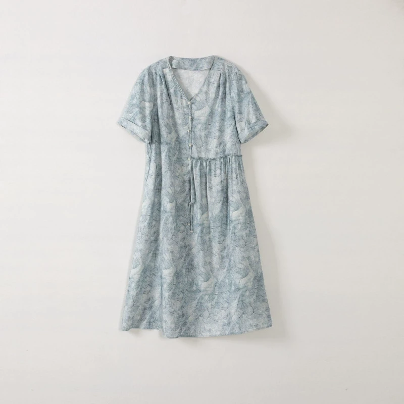 M-93012 桑蚕丝短袖V领中长款连衣裙