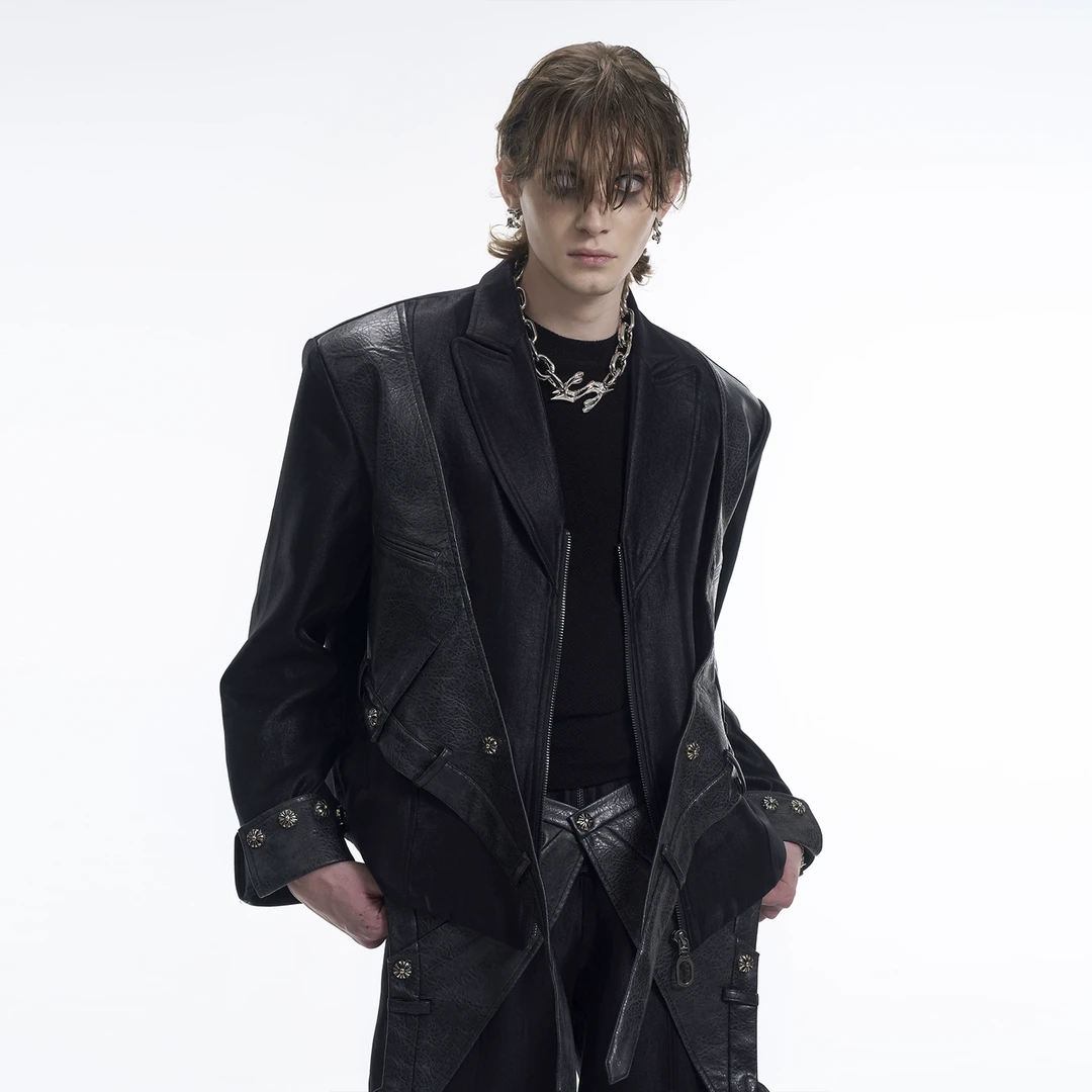 小众假俩件暗黑风西服外套男士春季新款解构拼皮拉链门襟西装痞帅