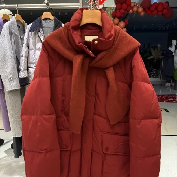 冬款亮闪闪可拆卸围巾帽短款羽丝保暖加厚洋气大口袋外套