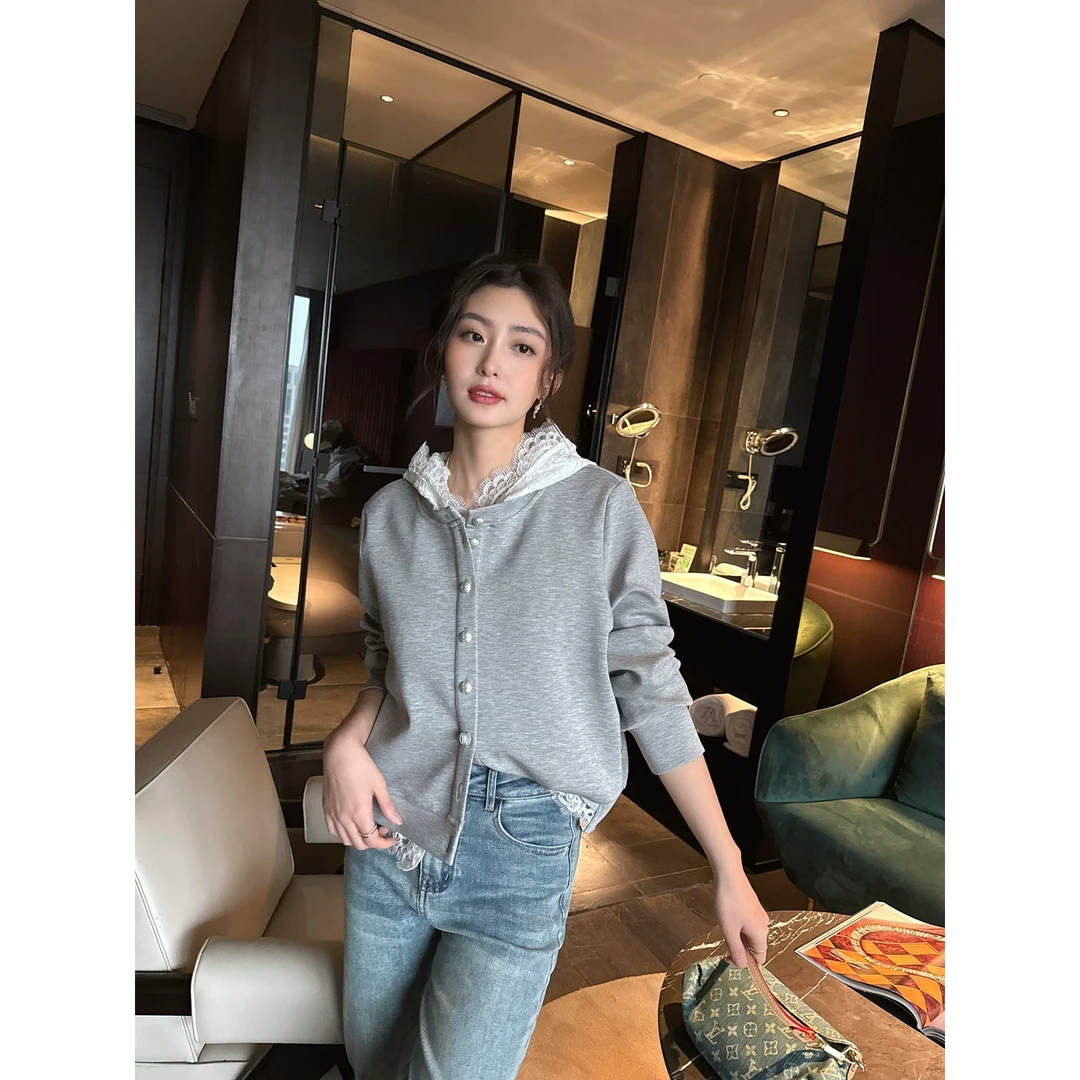 2025早春新款时尚休闲蕾丝帽拼接卫衣外套女宽松显瘦百搭上衣