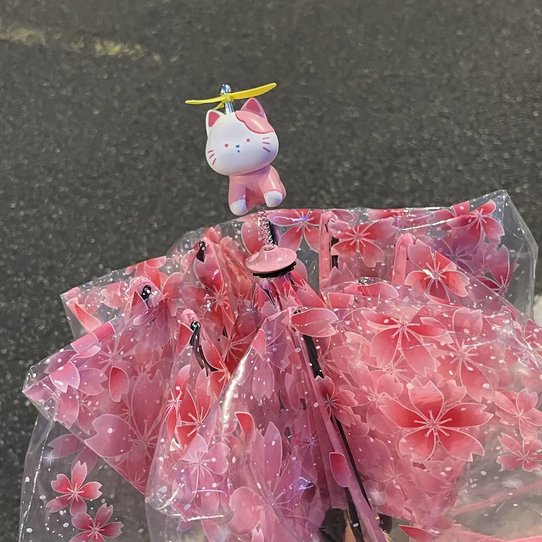【曲奇】樱花小猫立体伞帽透明雨伞三折手动自动pvc雨伞ins饰品