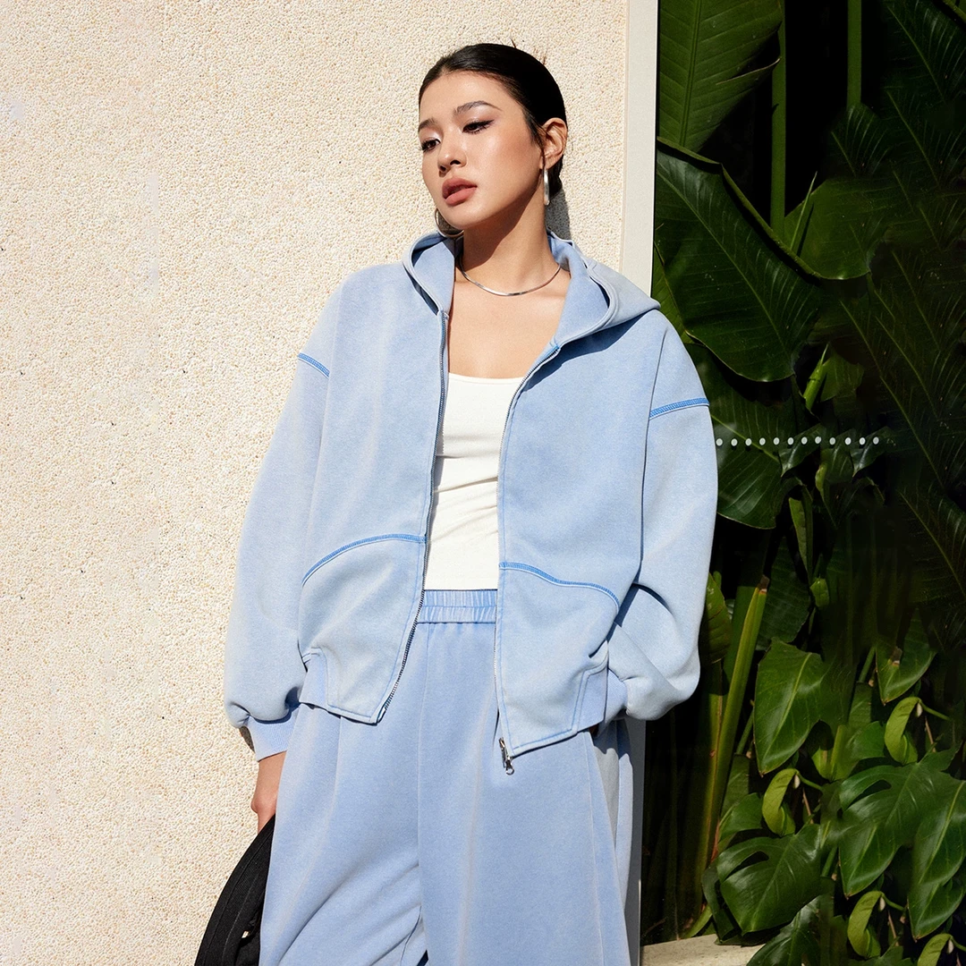 PLUSMALL leisure慢跑系列 水洗做旧连帽弧形分割卫衣罗纹裤套装