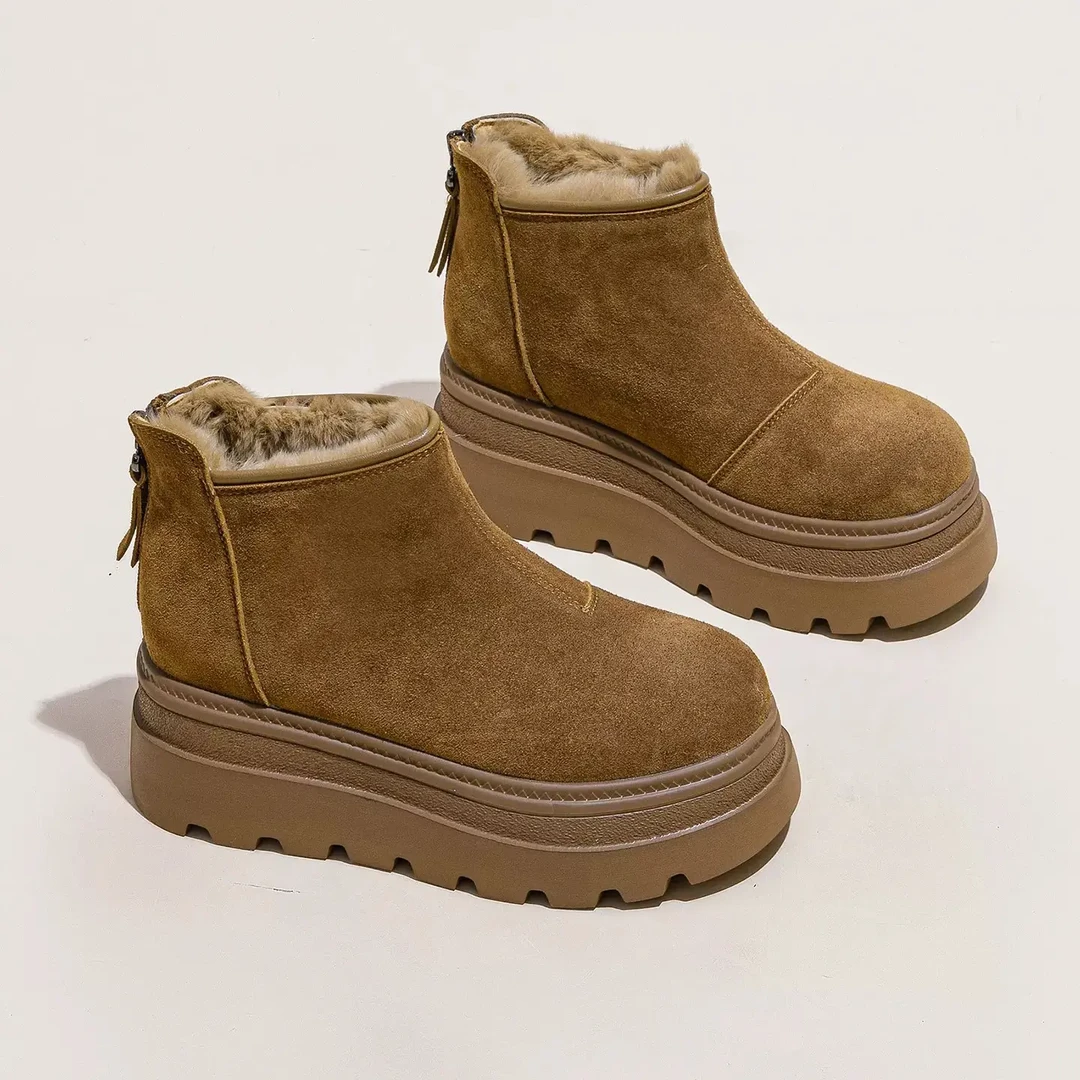 真皮厚底雪地靴女加绒保暖增高6CM冬季新款百搭高帮棉鞋子