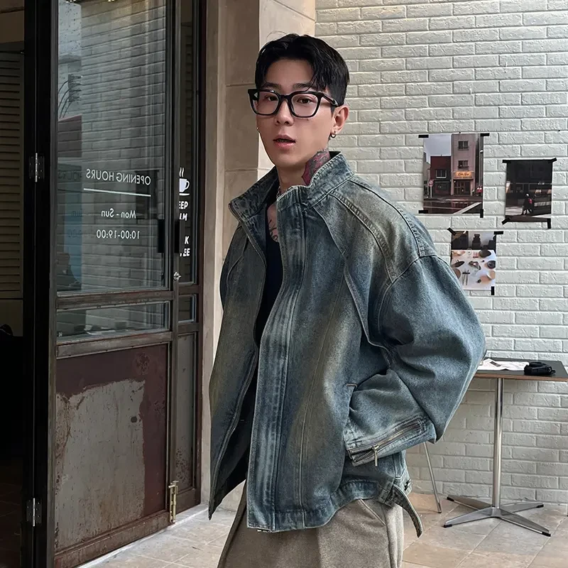 2025春季新款复古宽松黄泥做旧立领牛仔外套男休闲拉链牛仔外套男