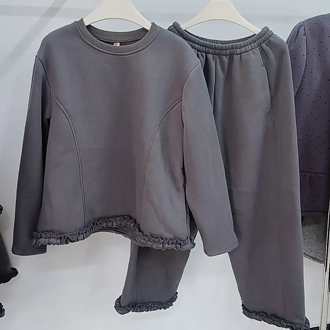 圆领木耳边长袖加绒套装女