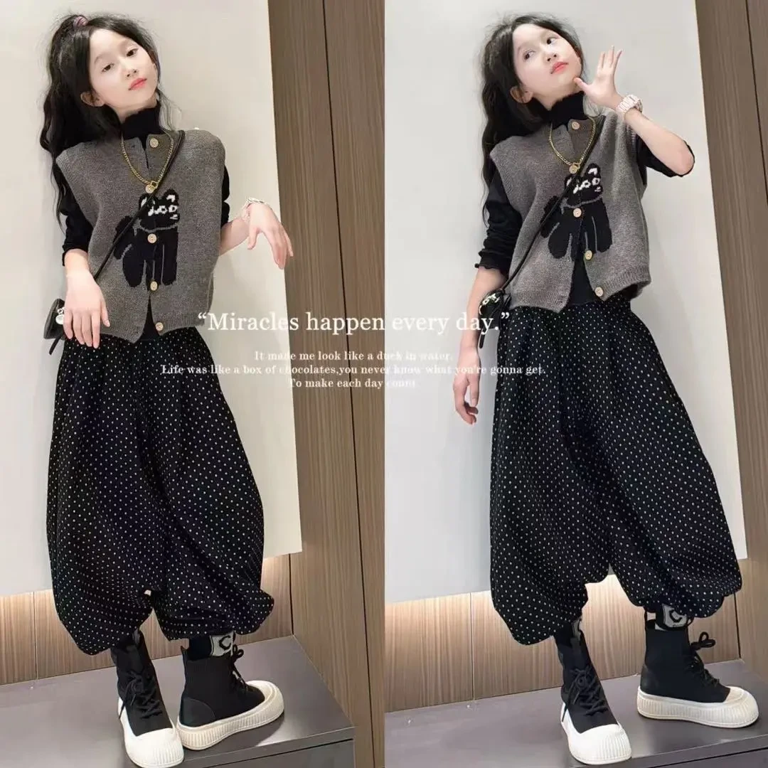 女童套装2025年秋季新款中大童木耳边打底衫马波点裤三件套