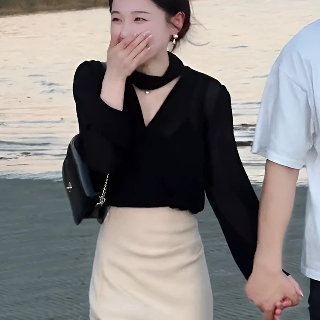 黑色领v半身衬衫女高级轻法式春季感衬衣气质通勤上衣奢裙两件套