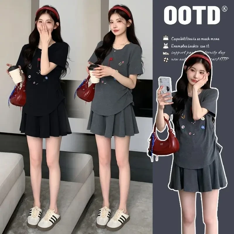 孕妇套装夏装新款时尚韩版小个子显瘦刺绣花朵短袖上衣休闲短裤裙