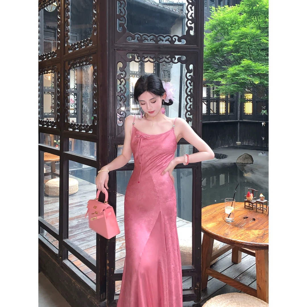 MOSS STUDIO【知否花涧】国风新中式双面提花吊带中长款连衣裙女