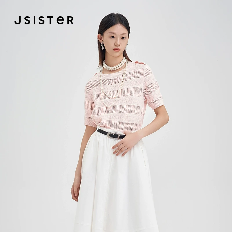 jsister 夏装新款 JS女装时尚粉红镂空针织衫 S421104194