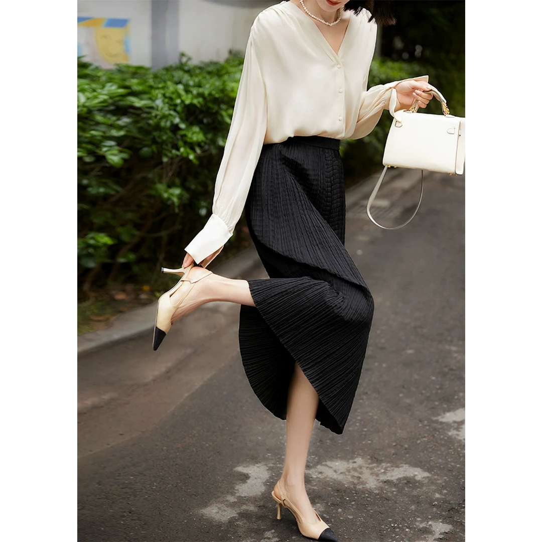 黑凤梨丨优雅的律动宝藏百搭不显胯百褶裙半身裙QZE680106MG