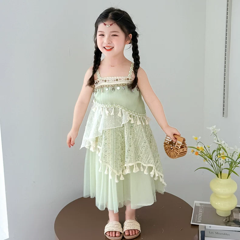 女童民族风连衣裙夏季2025新款儿童吊带裙子宝宝炸街超仙礼服纱裙