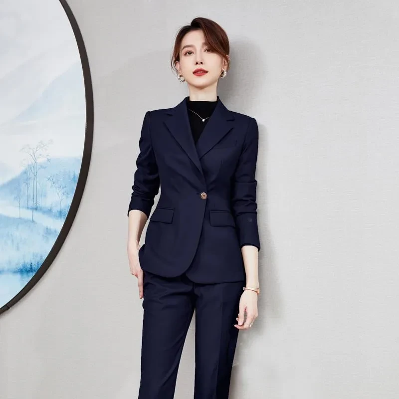 西装套装女春秋美容院工作服正装女职业时尚高定西服套装藏青黑