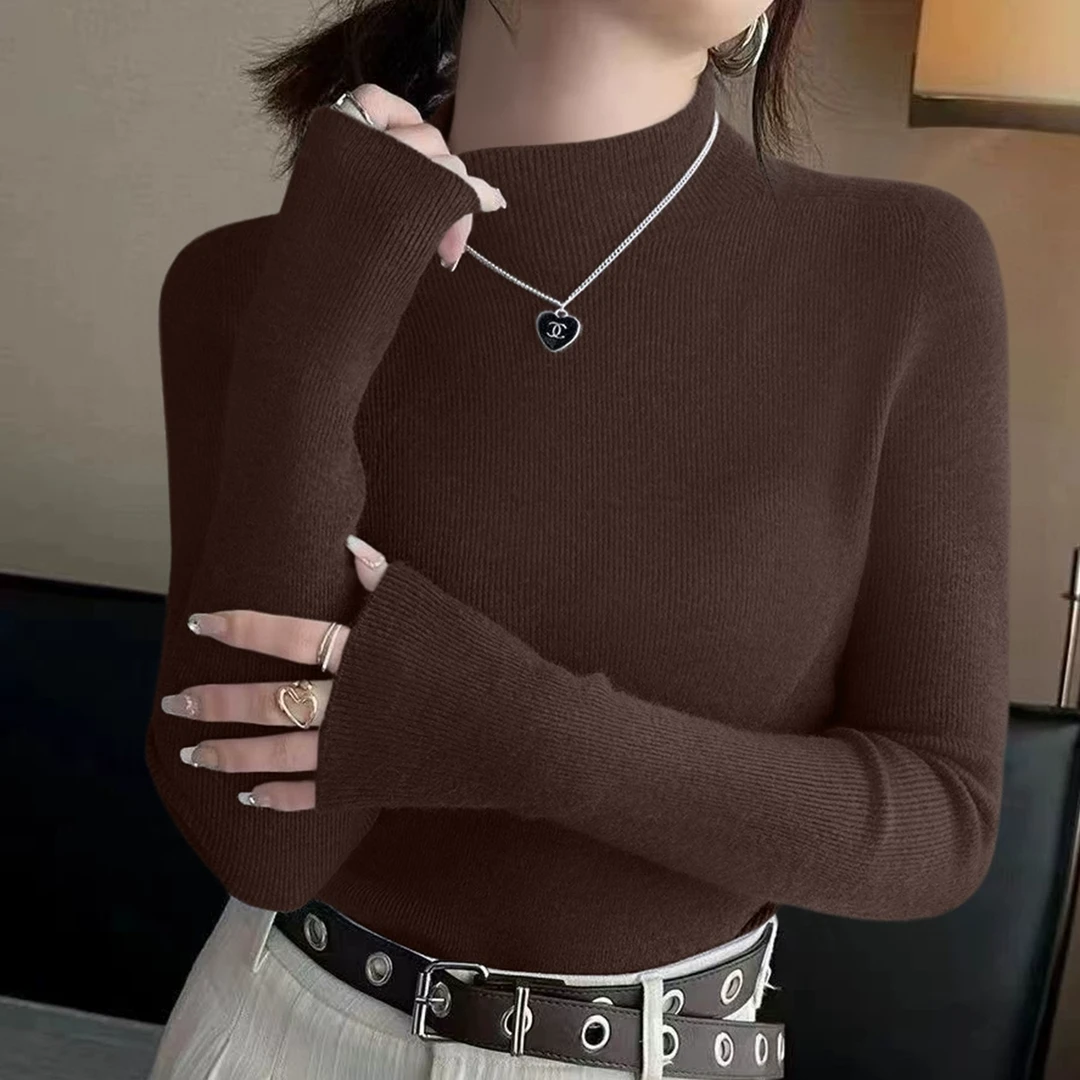 2025春季新款深棕色修身显瘦内搭打底衫长袖针织上衣半高领毛衣女