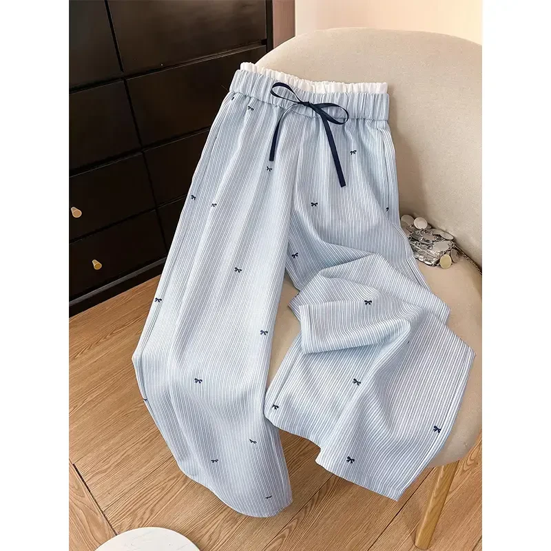 奶fufu蝴蝶结浅蓝色条纹休闲裤女夏季慵懒风高级感直筒裤阔腿裤潮