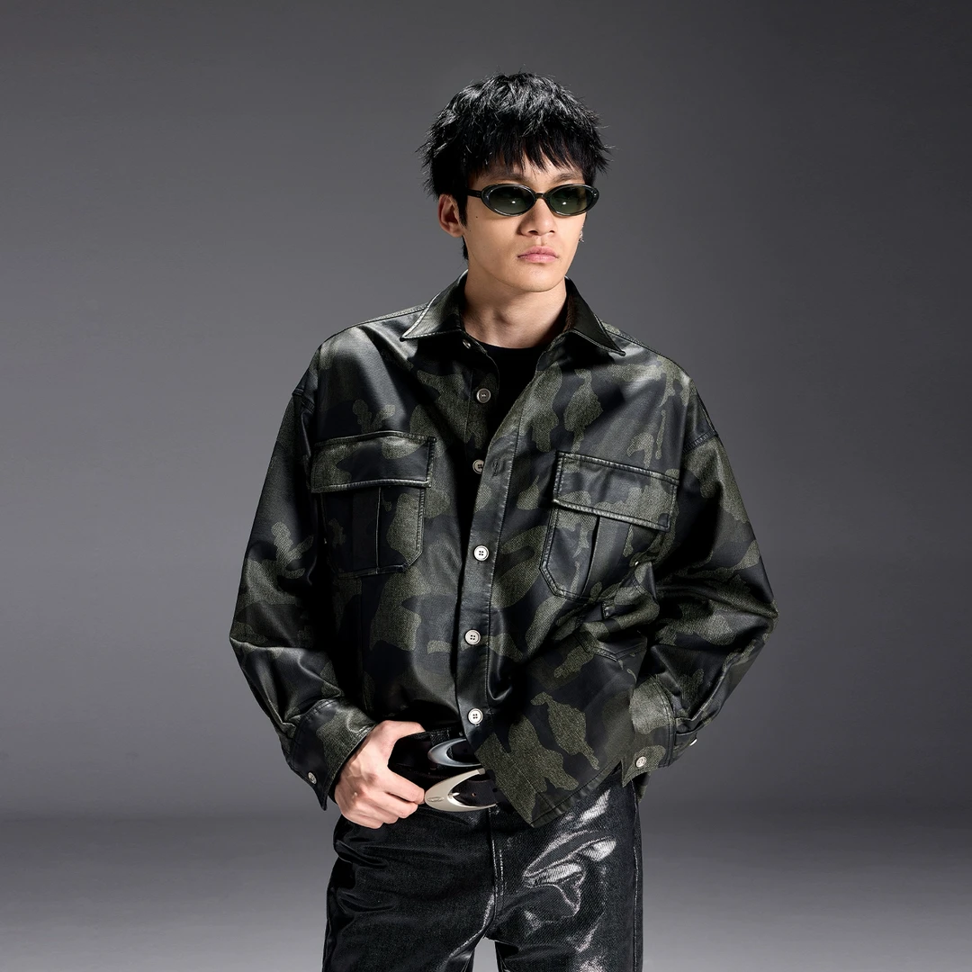 TERRAINCOGNITA 23AW秋冬新款迷彩PU皮长袖衬衫休闲宽松百搭男