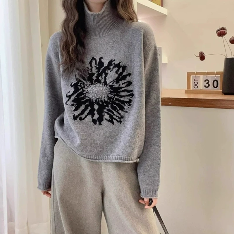 韩系爆款提花高领毛衣女秋冬宽松卷边保暖内搭打底针织衫时尚上衣