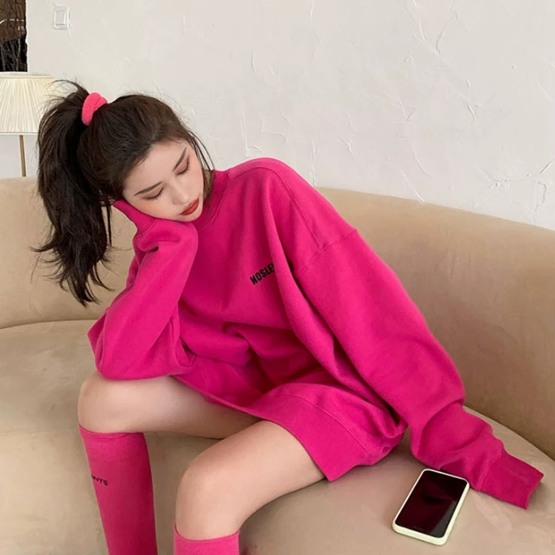 玫红色圆领卫衣女美式2025春秋新款韩系高级感中长款宽松无帽上衣