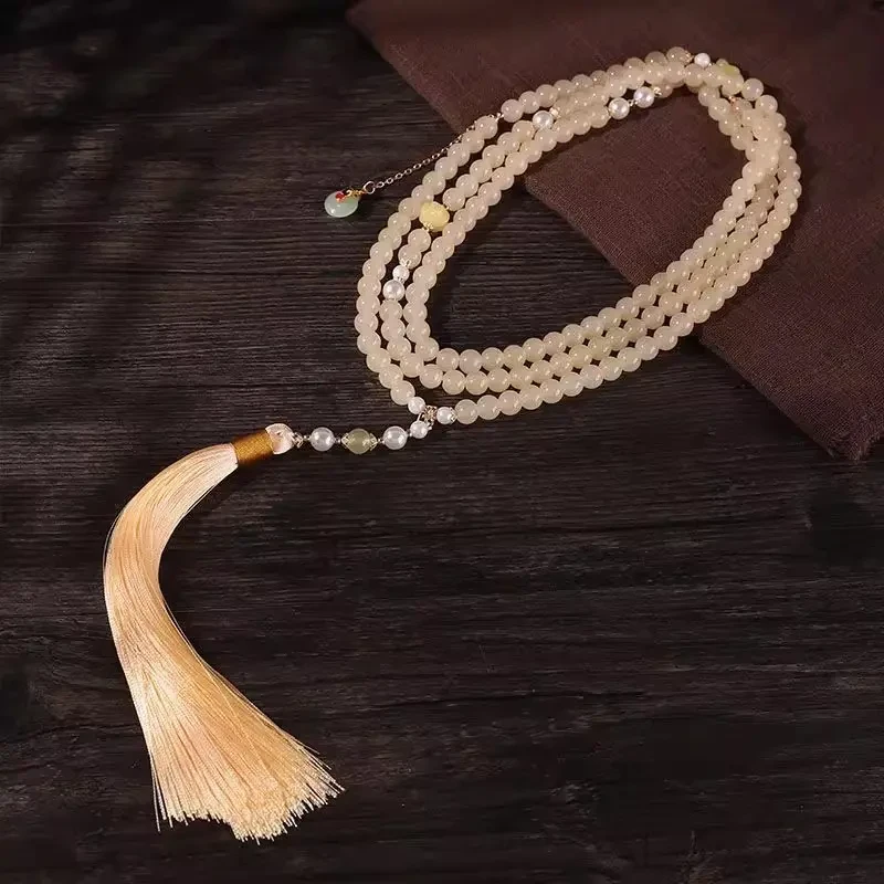 铜合金项链 新款米色串珠斜挎珠背云项链国风背背链饰品配饰女款