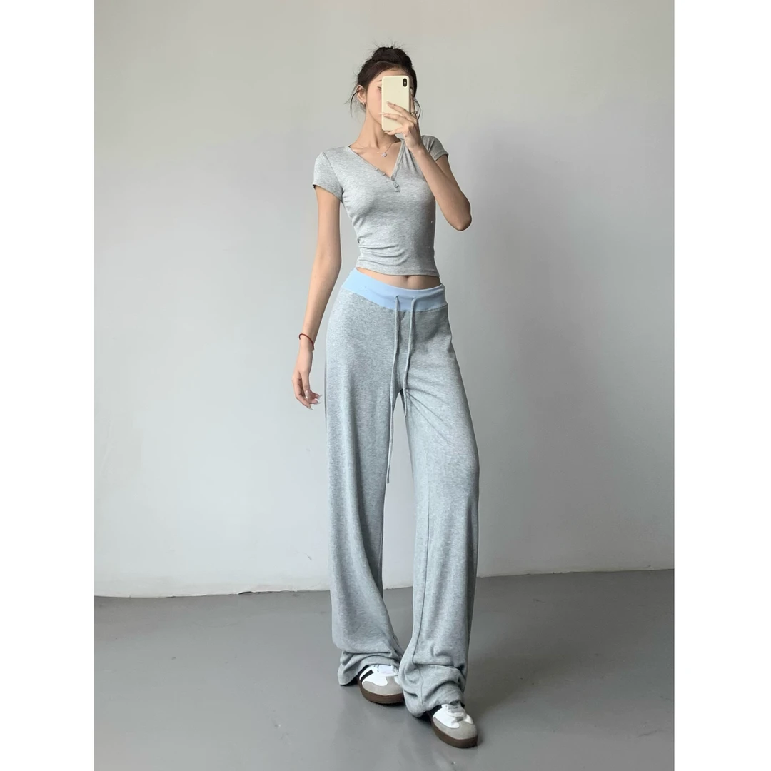 高级感慵懒风松弛感高腰拼色休闲裤女软糯宽松垂感拖地裤显高显瘦
