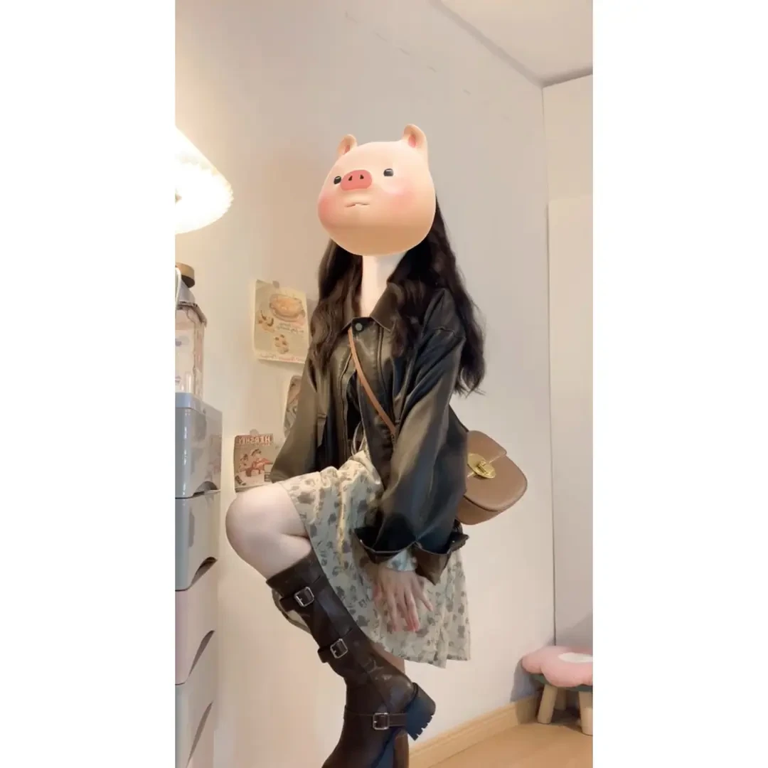 开春穿搭一整套大码胖mm韩系高级感皮衣外套配法式碎花收腰连衣裙