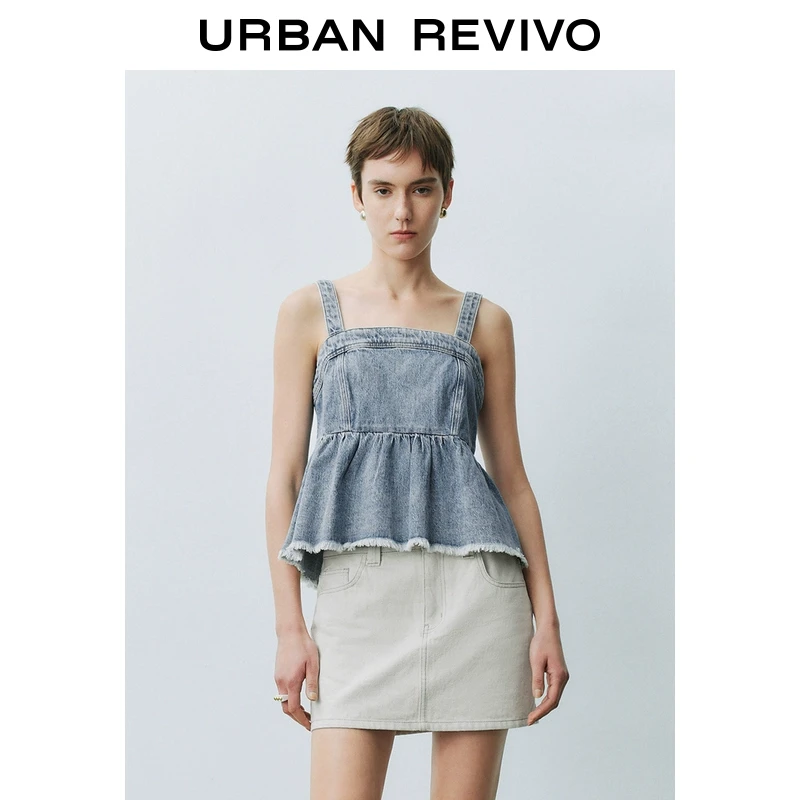 UR2025春季新品女装欧若风复古水洗毛须吊带牛仔衬衫UYU850005