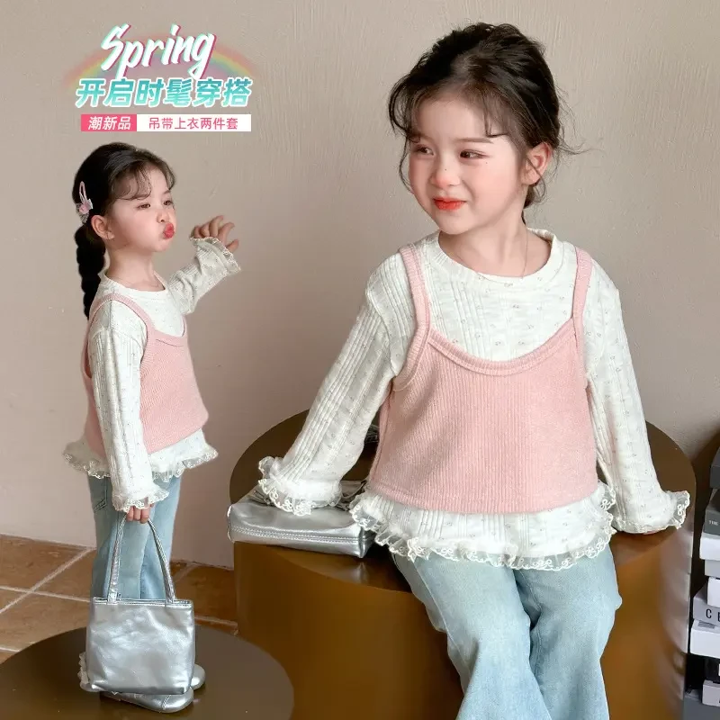 女童2025秋季新款碎花长袖上衣吊带套装女宝宝针织背心两件套0120