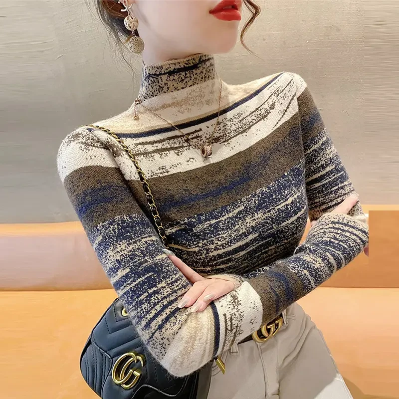 半高领100纯羊绒衫女秋冬新款针织洋气时尚修身打底条纹羊毛毛衣