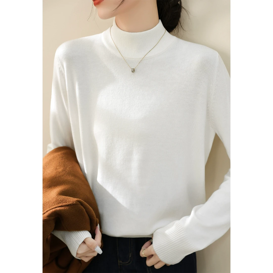 白色宽松加厚款长袖针织衫女2025春季新款半高领毛衣内搭打底上衣