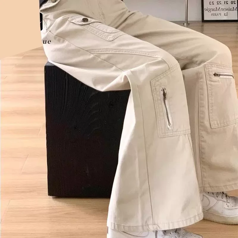 雪千羽美式微喇牛仔裤女2025春秋高腰多口袋不贴腿拖地工装喇叭裤