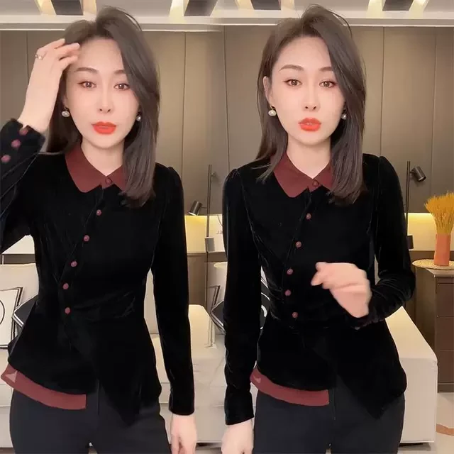 2024秋冬新款优雅气质显瘦T恤时尚高级感复古翻领丝绒长袖衬衫女