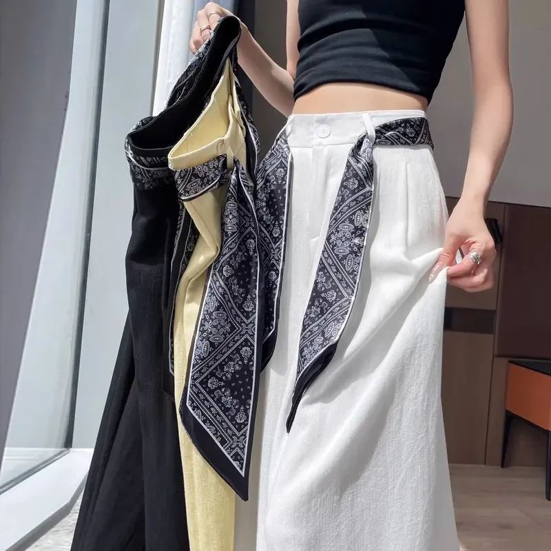 （丝巾）+西装阔腿裤女薄款系带高腰显瘦宽松垂感休闲直筒拖地裤