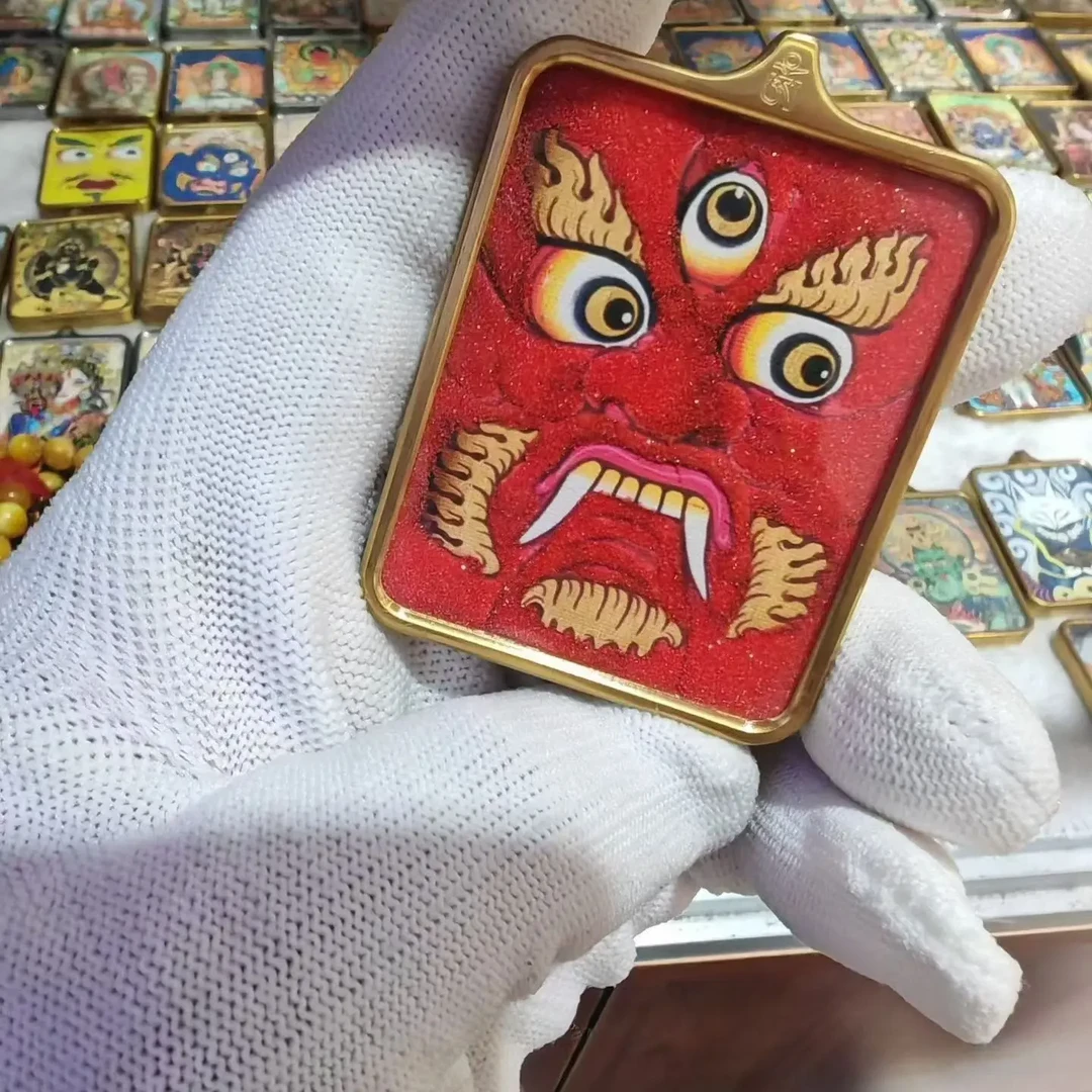 钛钢矿物颜料半手绘矿砂红财神唐卡