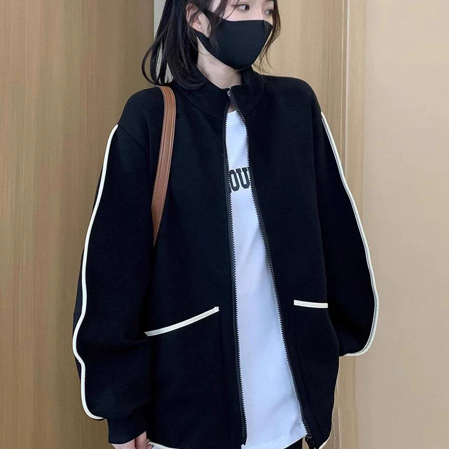 大码百搭慵懒风运动外套女秋冬微胖mm短款休闲卫衣棒球服开衫上衣