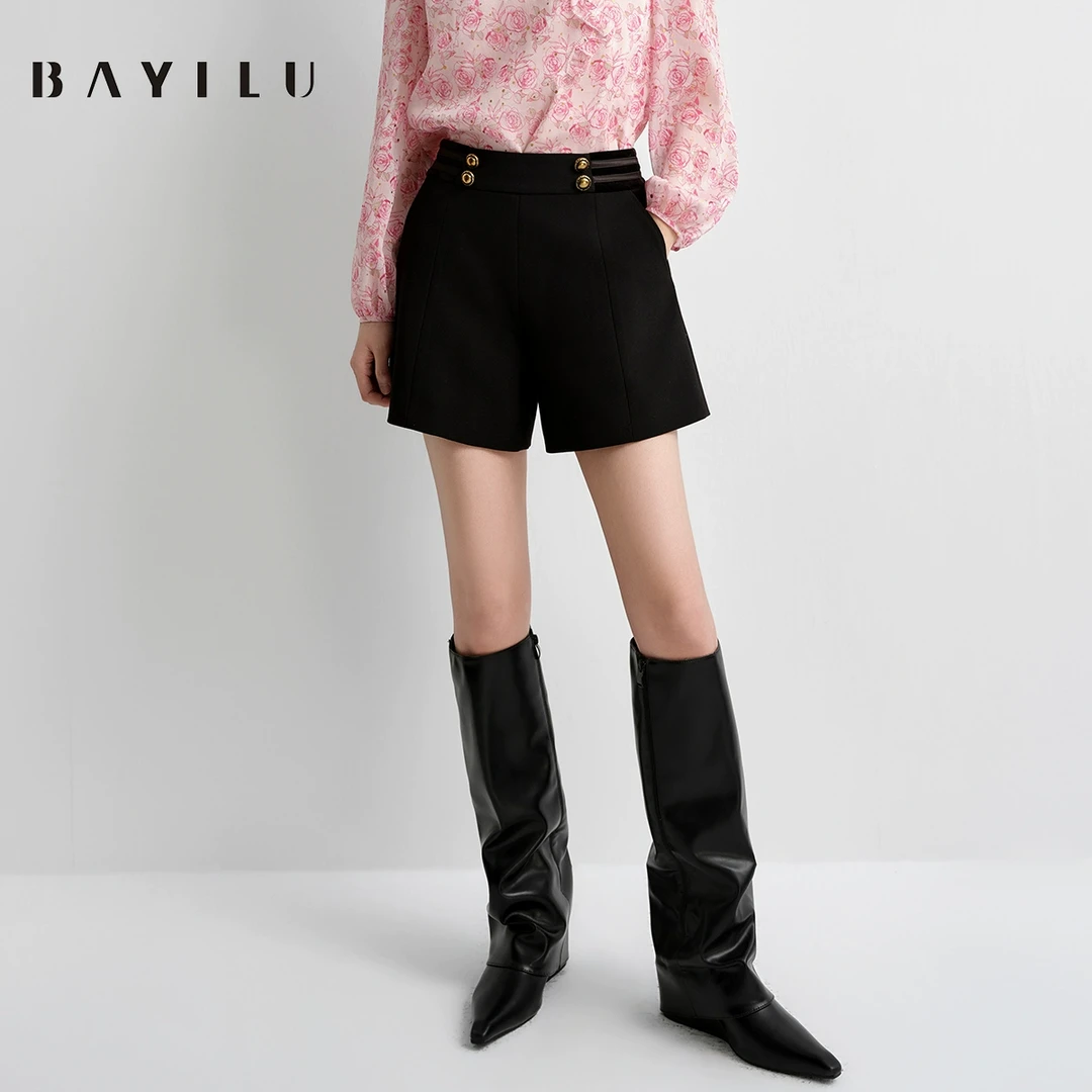 【小花】芭依璐2025春季短裤女高腰a字阔腿小个子裤子91K2002