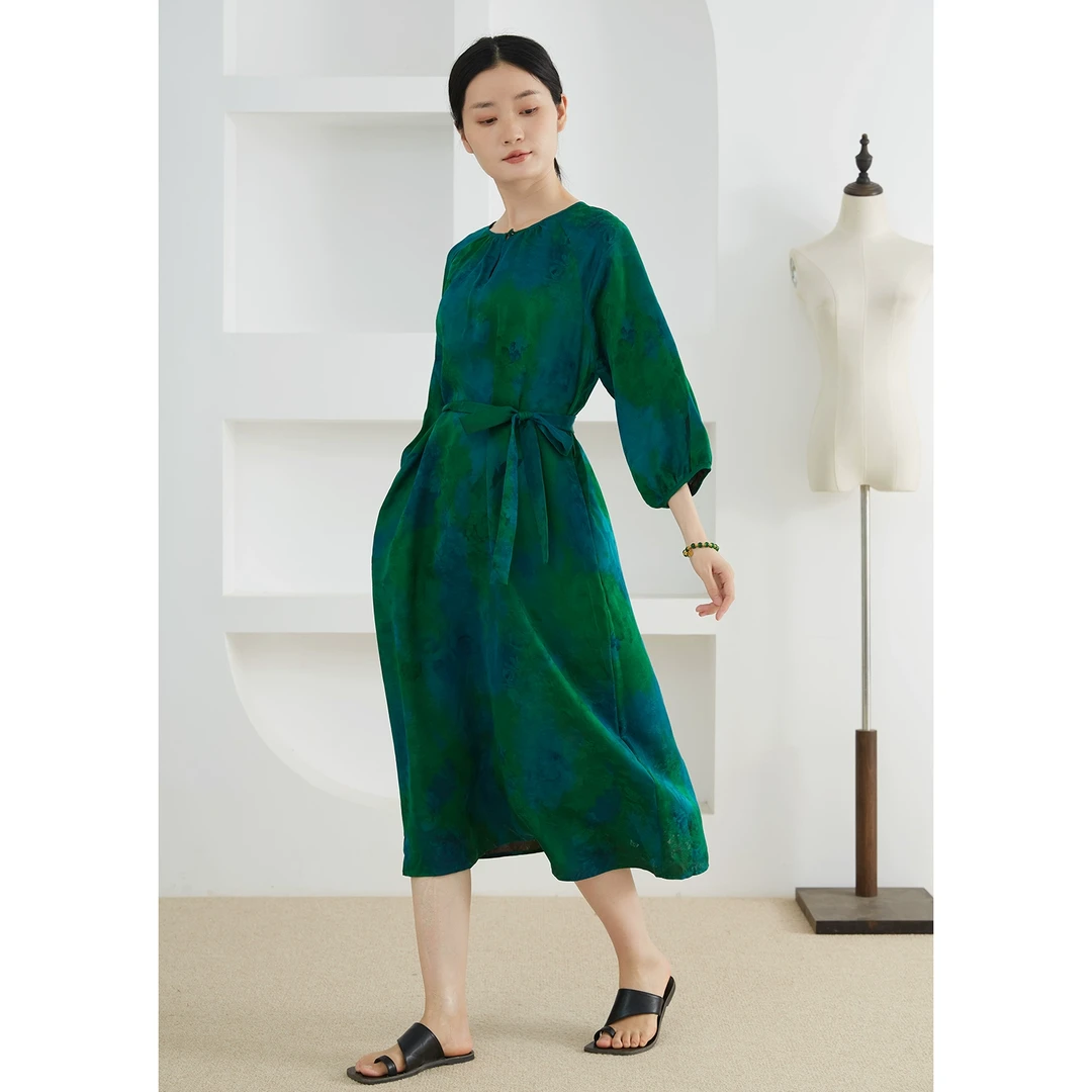 真丝香云纱提花花萝圆领连衣裙100桑蚕丝系带收腰长袖长裙LQ52017