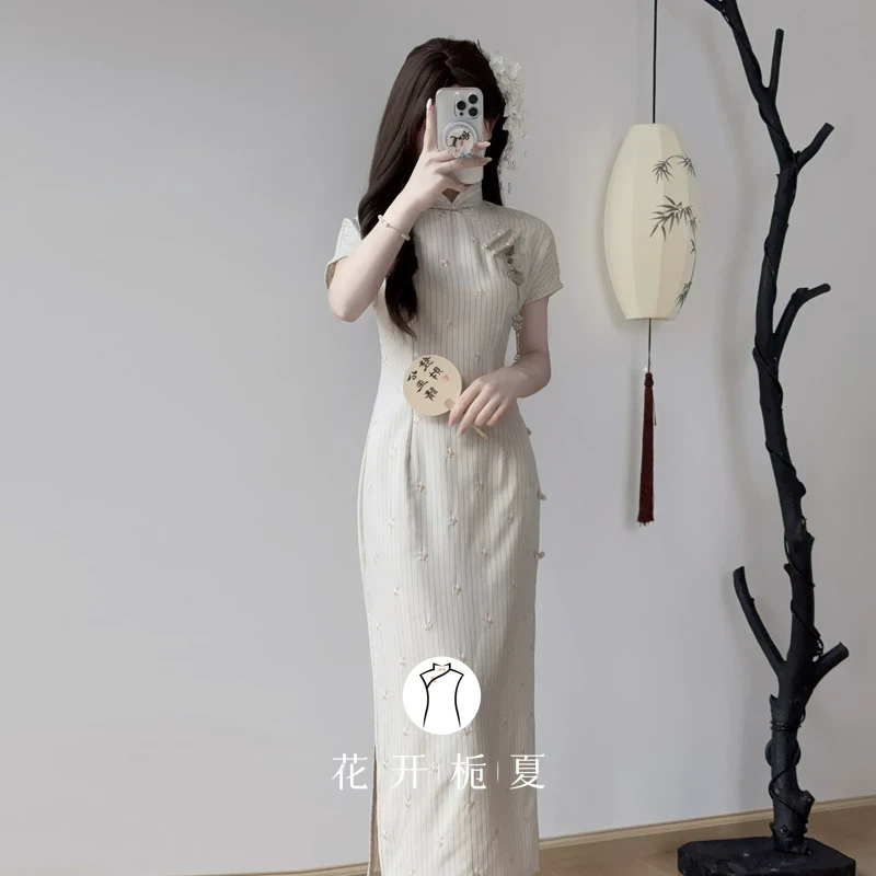 《雪月》文艺复古民国少女条纹旗袍2025春夏新款小清新连衣裙