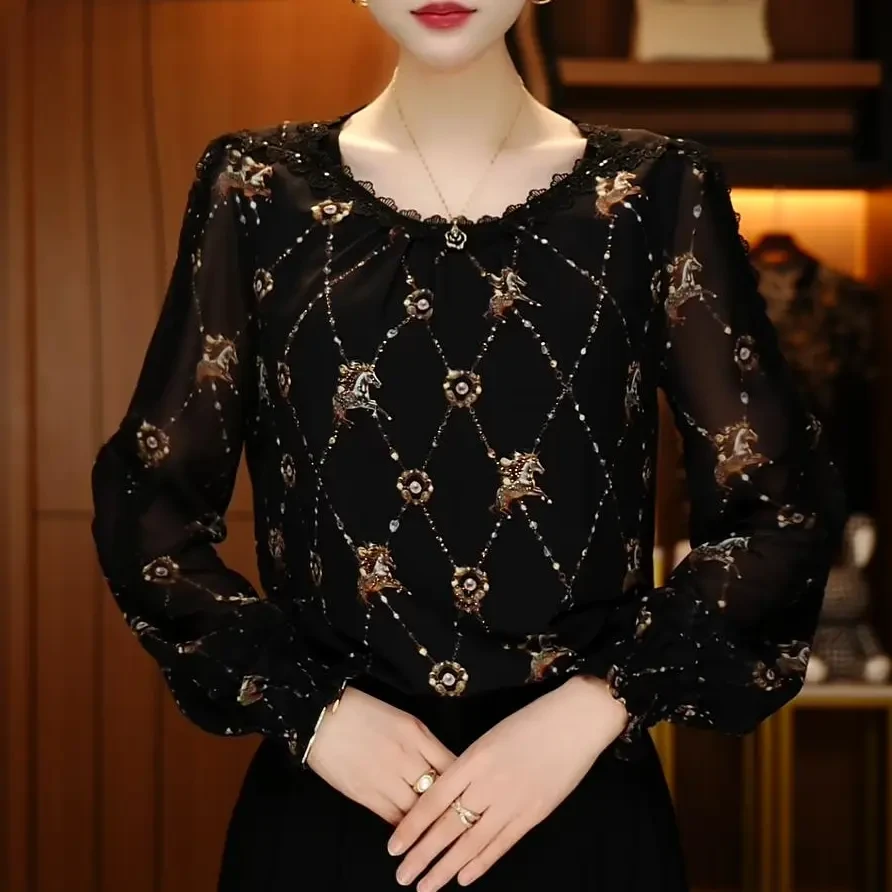 春新款琉璃双皱丝时尚洋气百搭显瘦休闲气质印花国风小衫