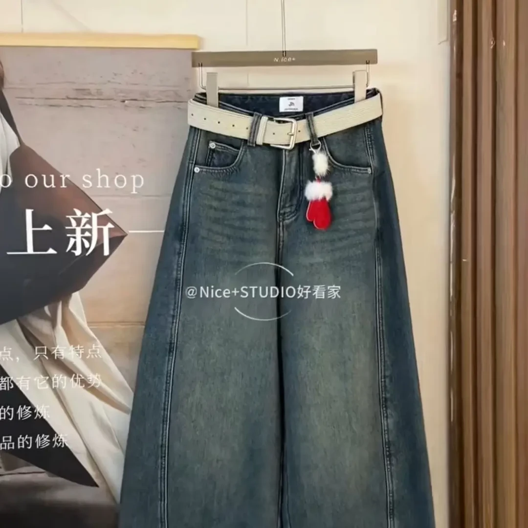 秋冬新款韩系复古风加绒宽松牛仔弯刀阔腿裤