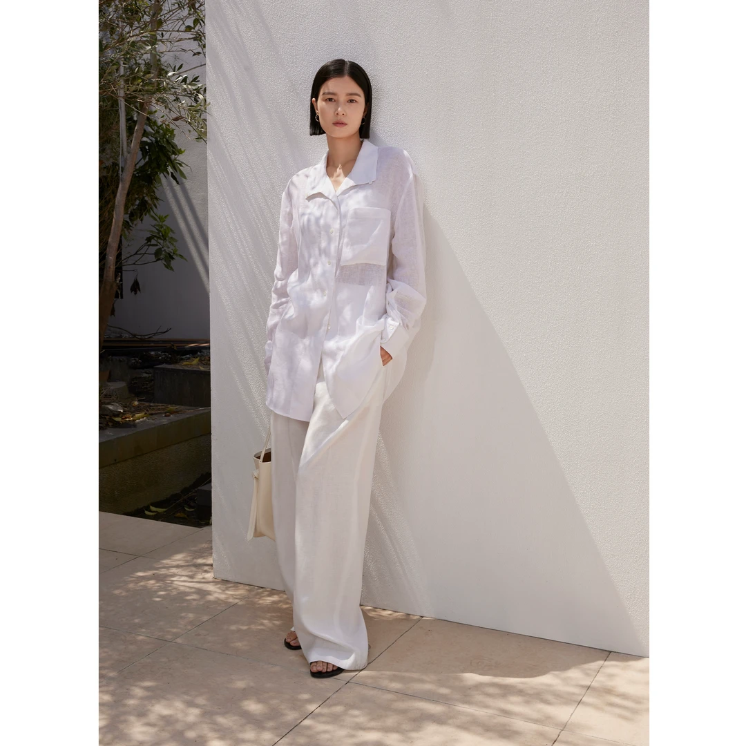 CHICJOC专柜轻盈透感棉麻 翻领/围裹领2穿造型复古老钱风空气衬衫