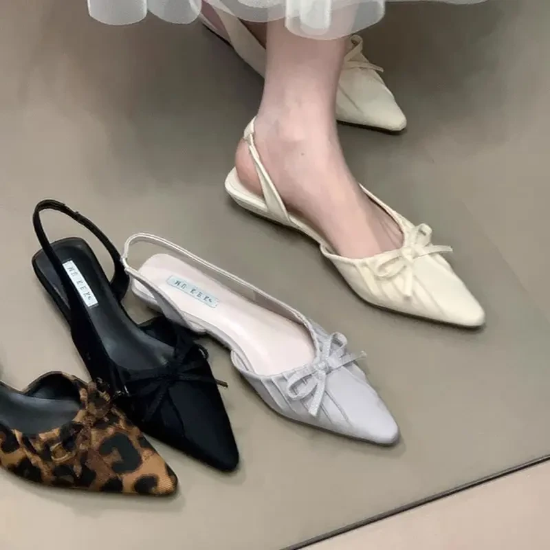 法式气质时髦尖头皱褶蝴蝶结包头凉鞋女2025夏韩版坡跟后空单鞋女